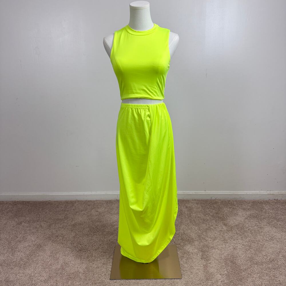 NWOT 2 Piece Neon Skirt Sets for Women Crop Top Ruched Maxi Skirt Suiting S